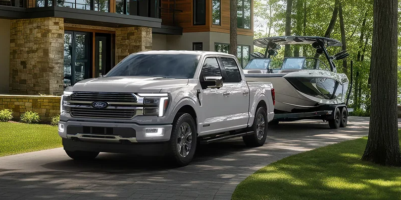A 2026 Ford F-150 towing a boat.