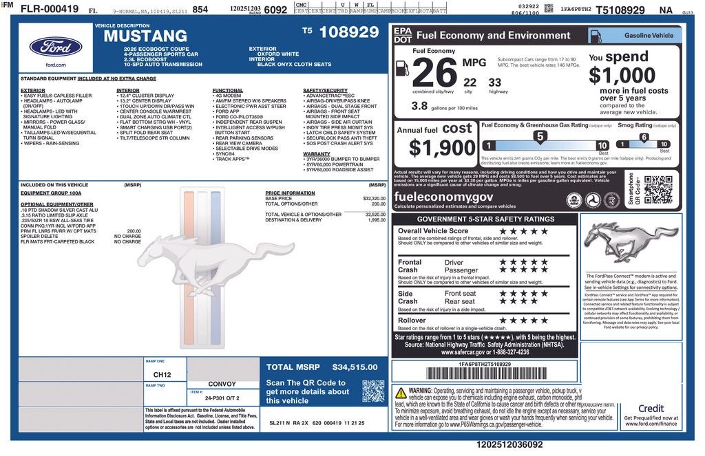 2026 Ford Mustang EcoBoost 100A